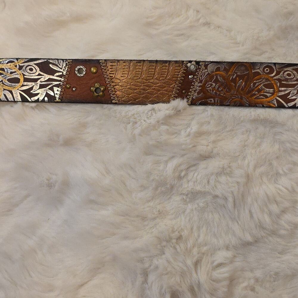 Vintage Fossil Y2k Belt Brown Leather Metallic Accents Studding Womens M - Picture 7 of 14